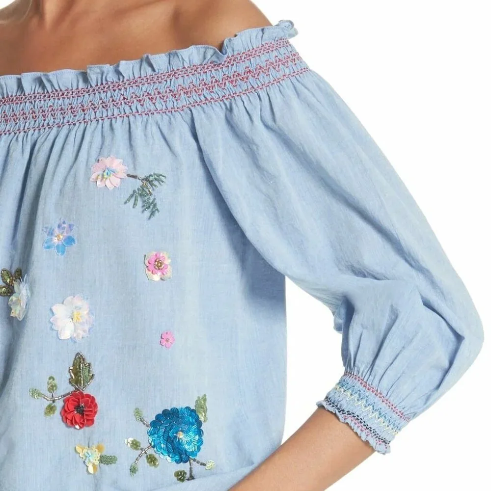 NWT Joie Off-the-Shoulder Floral Embroidered Chambray Top Blue Blouse Size XS - Picture 12 of 12